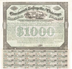 Cincinnati, Lafayette and Chicago Railroad Company - $1,000 Bond